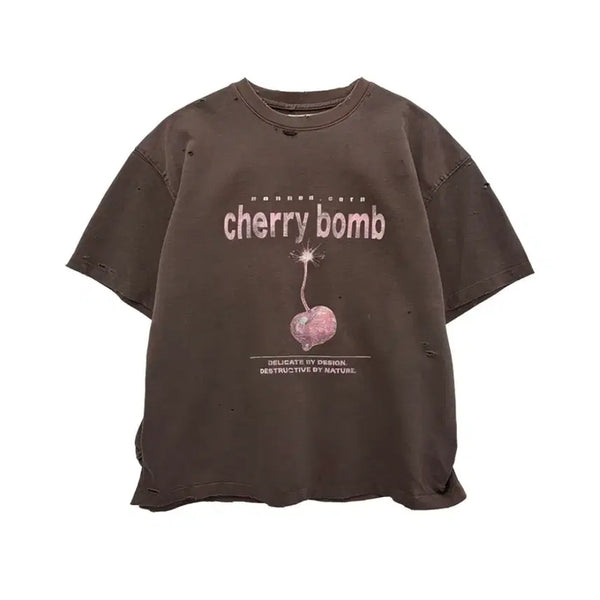 [BUNJANG] Nonode Puckering Cherrybomb Short Sleeve T-shirt Brown / [1] 논노드 퍼커링 체리밤 반팔 티셔츠 브라운