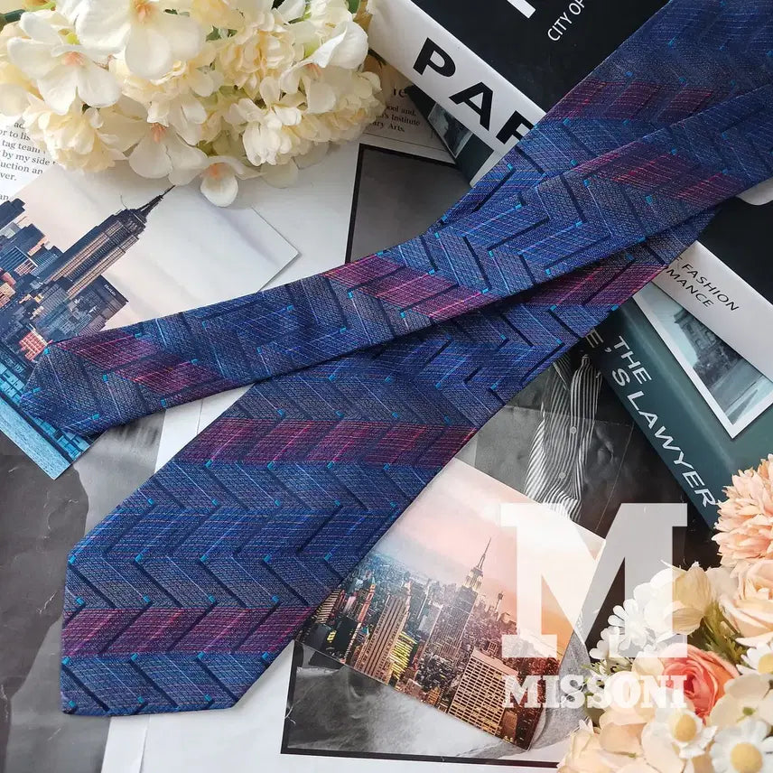 [BUNJANG] MISSONI Silk Zigzag Pattern Necktie 9cm / MISSONI 미쏘니 실크 블루 퍼플 지그재그 패턴 넥타이 9cm S등급 G114