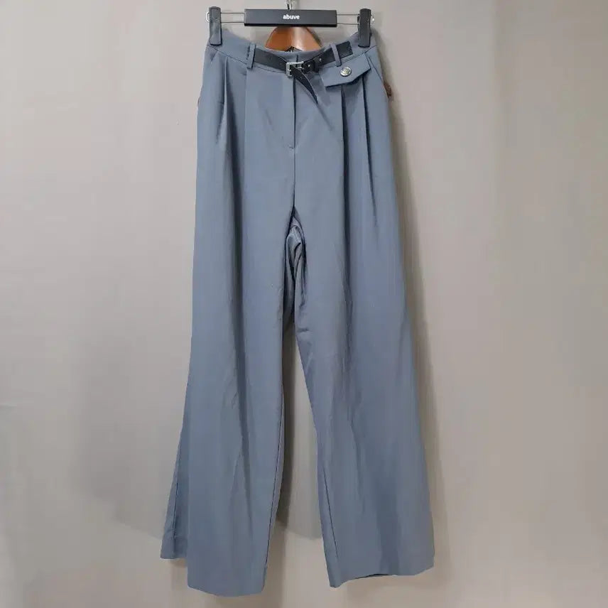 [BUNJANG] Back Waist Band Belt Semi-Wide Gray Slacks / 뒷허리밴드 벨트 세미 와이드 그레이 슬랙스