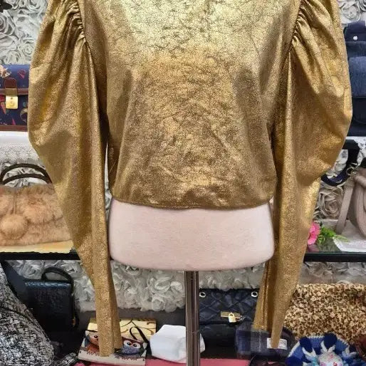 [BUNJANG] Zara Festive Season Gold Puff Sleeve Crop Blouse (Size M-XL) / 자라 FESTIVE SEASON 크롭 블라우스(66~77)