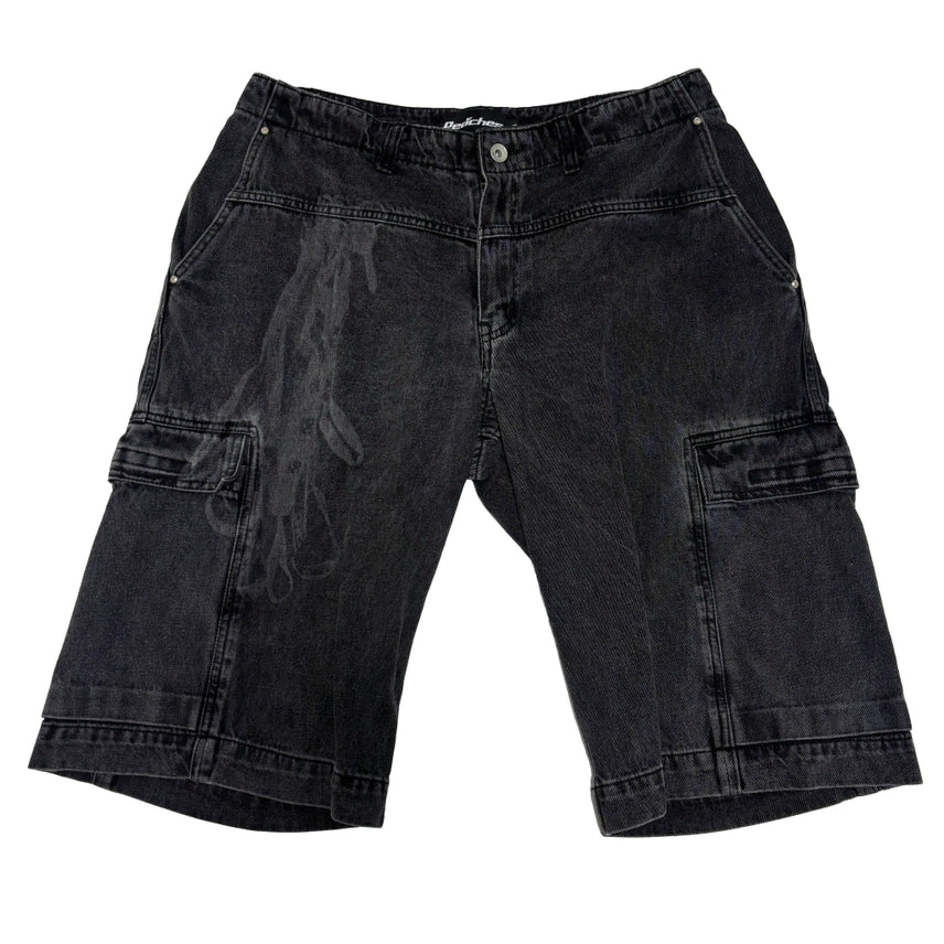 [BUNJANG] Peaches Graphic Black Denim Cargo Shorts / 피치스 그래픽 흑청 카고 데님 쇼츠