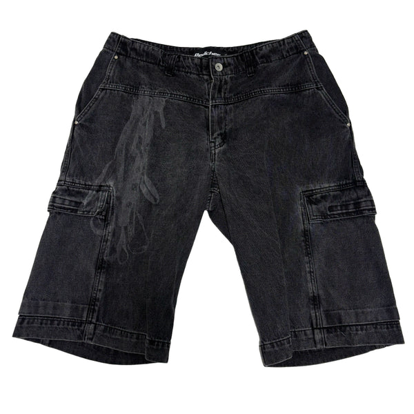 [BUNJANG] Peaches Graphic Black Denim Cargo Shorts / 피치스 그래픽 흑청 카고 데님 쇼츠