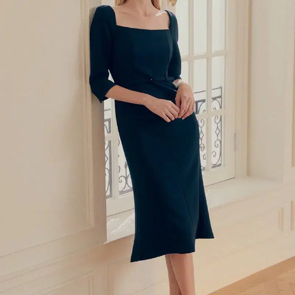 [BUNJANG] BAU Odette Square Neck Semi Mermaid Dress Navy XS / BAU 브라이드앤유 오데뜨 머메이드 드레스 하객룩 원피스 플로움 이바나헬싱키 르로망