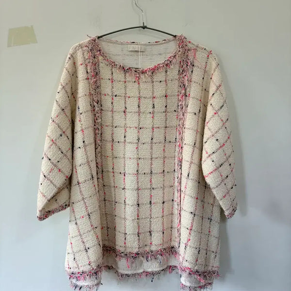 [BUNJANG] SJ SJ Tweed Check 7/8 Sleeve T-Shirt Pink / 한섬 sjsj 트위드 체크 7부 티셔츠 핑크