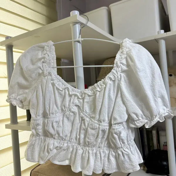 [BUNJANG] White Frill Puff Sleeve Crop Blouse / 화이트 프릴 퍼프 소매 크롭 블라우스