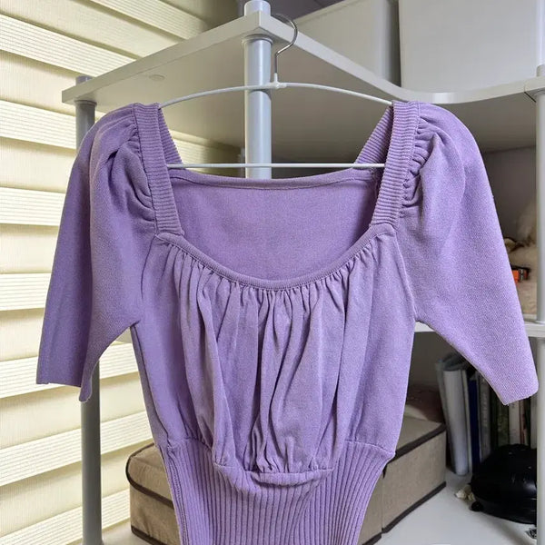 [BUNJANG] Purple Shirring Cropped Knit / 보라색 셔링 크롭 니트