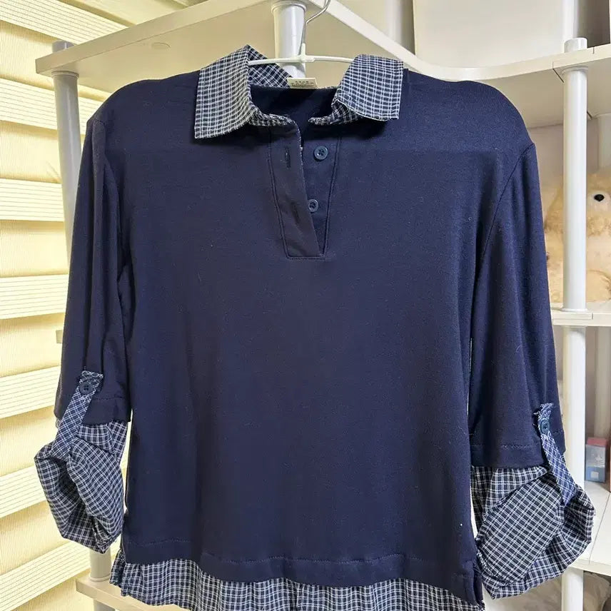 [BUNJANG] Ahopsunyeo 7-Part Check Layered Collar T-Shirt / 아홉수소녀 7부 체크 레이어드 카라티