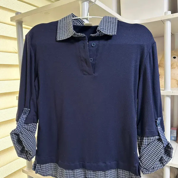[BUNJANG] Ahopsunyeo 7-Part Check Layered Collar T-Shirt / 아홉수소녀 7부 체크 레이어드 카라티