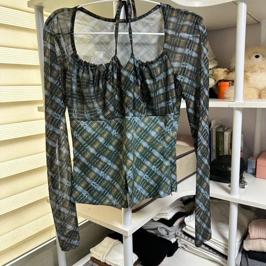 [BUNJANG] Mesh Check See-Through Blouse / (새제품) 매쉬 체크 패턴 시스루 블라우스