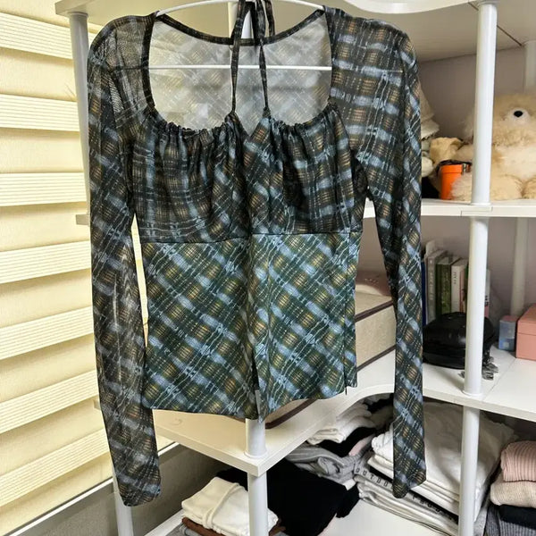[BUNJANG] Mesh Check See-Through Blouse / (새제품) 매쉬 체크 패턴 시스루 블라우스