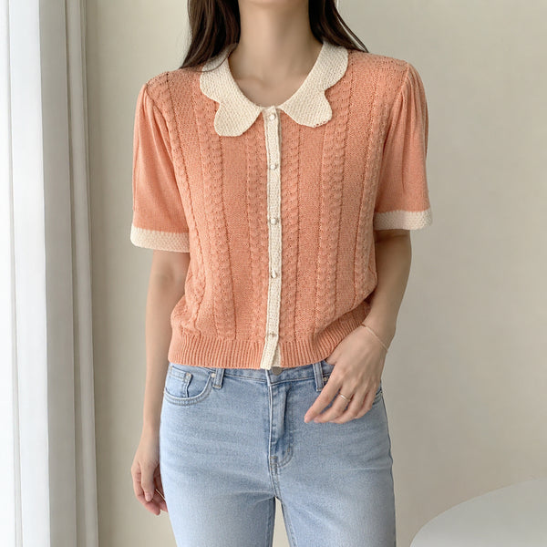 [BUNJANG] F Reverse Frill Collar Short Sleeve Knit / [F]레코브 프릴 배색 카라 반팔 니트