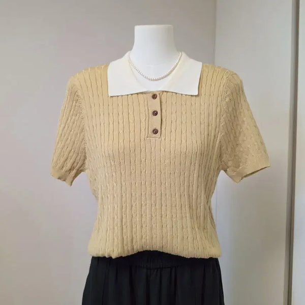 [BUNJANG] Beige Cable Knit Short Sleeve Polo T-Shirt / 베이지색 케이블 니트 반팔 카라티