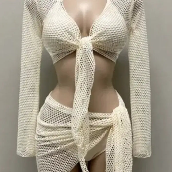 [BUNJANG] A-bly Ivory Bikini Cover-up Set (4pcs) / 에이블리 아이보리 비키니 커버업 세트 (4pcs)