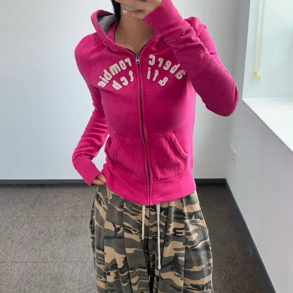 [BUNJANG] Abercrombie Spell Out Logo Pink Hoodie Zip-Up / Abercrombie 아베크롬비 스펠아웃로고 핑크 후드집업
