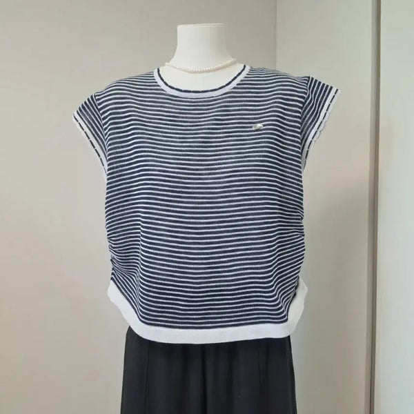 [BUNJANG] Striped Short Sleeve Knit Top / 스트라이프 반팔 니트