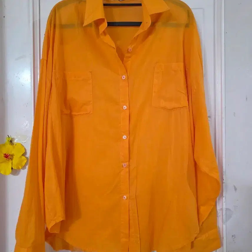 [BUNJANG] Orange Linen Blend Oversized Long-Sleeve Shirt / 여름 시원한 고급스러운 디자인이쁜  간절기  빅사이즈  남방셔츠  깨끗해요