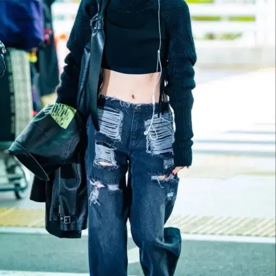 [BUNJANG] GateLess Black Damage Wide Denim Pants / 게이트리스 gateless 블랙 데미지 와이드 데님 팬츠