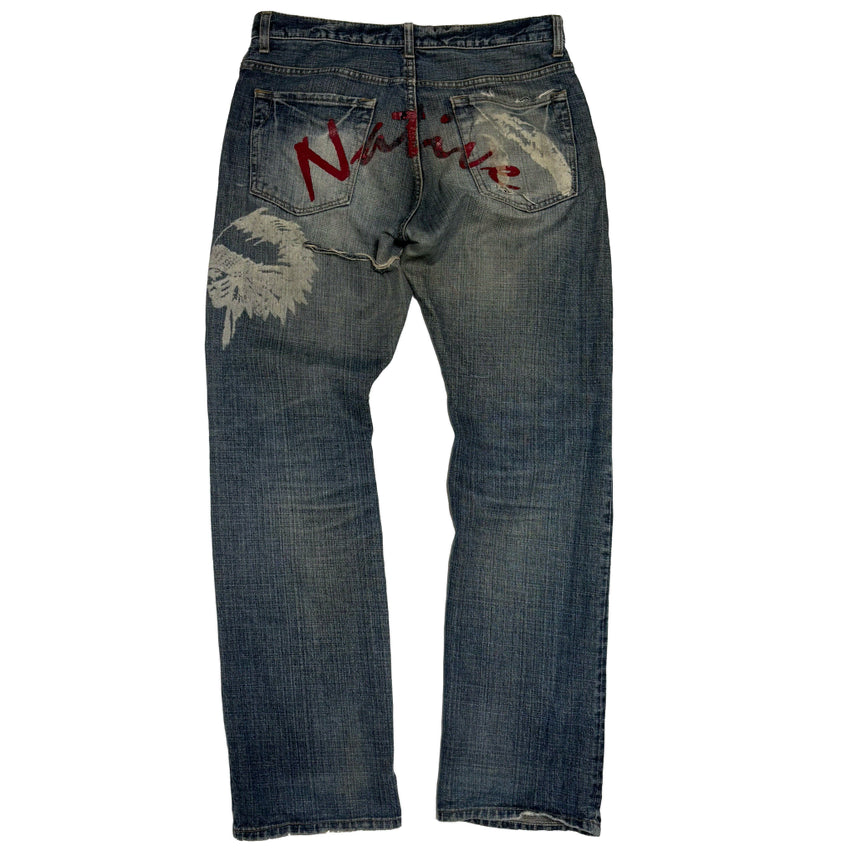[BUNJANG] Native Printing Distressed Denim Pants / 네이티브 프린팅 워싱 디스트로이드 데님 팬츠