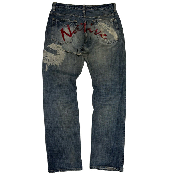 [BUNJANG] Native Printing Distressed Denim Pants / 네이티브 프린팅 워싱 디스트로이드 데님 팬츠