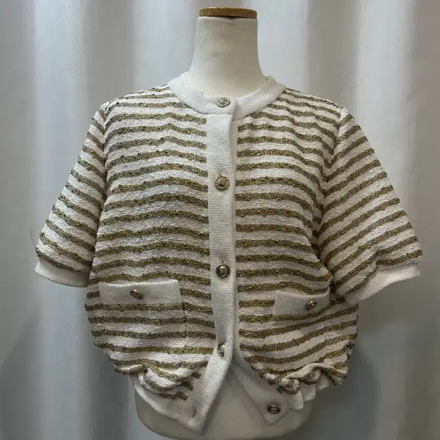 [BUNJANG] Lanvin Collection 24SS White Gold Stripe Short-Sleeve Cardigan / 24년랑방컬렉션 24SS 화이트 골드 스트라이프 반팔 가디건 82 새옷급
