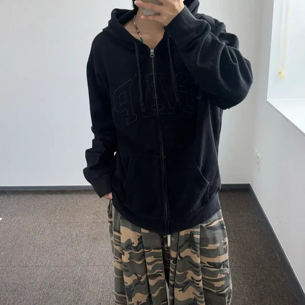 [BUNJANG] Gap Black Logo Hoodie Zip-up (Size L) / Gap 갭 블랙 로고 블랙 후드집업