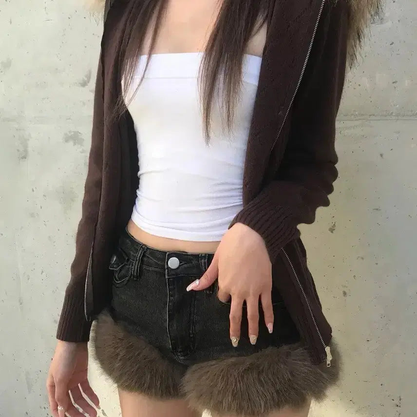 [BUNJANG] Faux Fur Denim Shorts / 퍼 데님 반바지 쇼츠