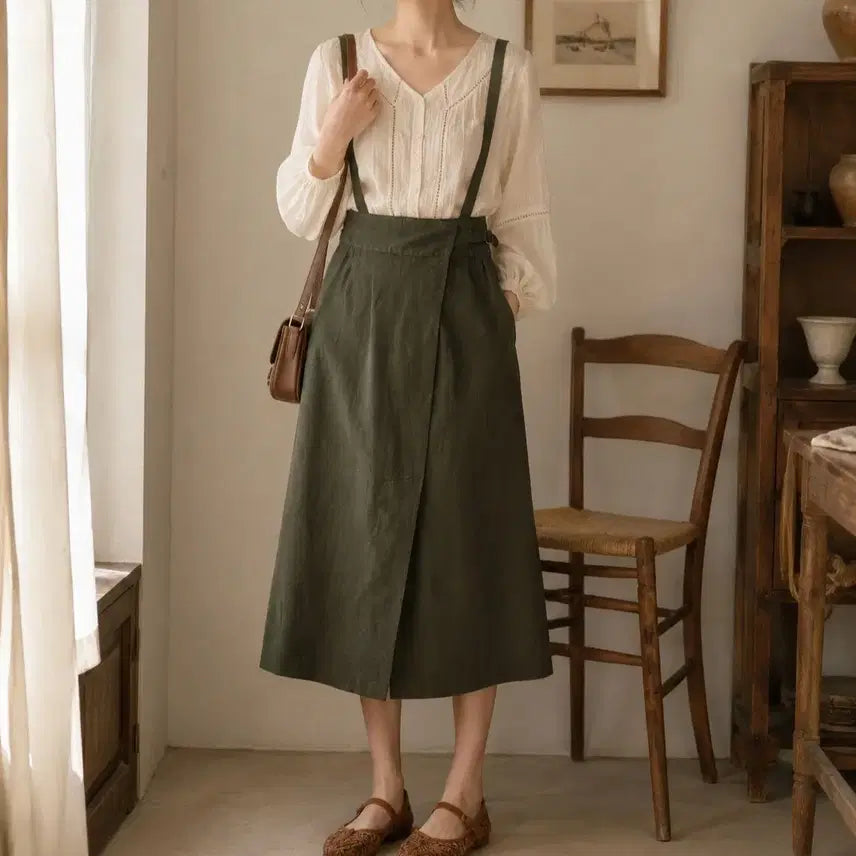[BUNJANG] H/standard Khaki Strap Wrap Midi Skirt / H/standard 카키 멜빵 랩 스타일 미디 스커트 (S size)
