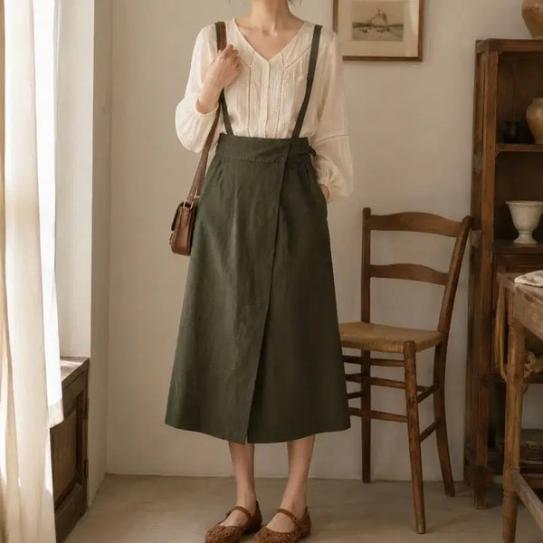 [BUNJANG] H/standard Khaki Strap Wrap Midi Skirt / H/standard 카키 멜빵 랩 스타일 미디 스커트 (S size)