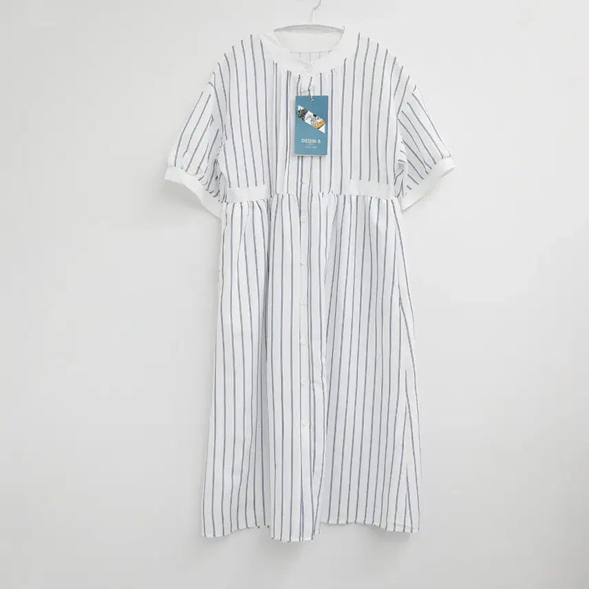 [BUNJANG] Striped Oversized White Short Sleeve Long Dress / 스트라이프 줄무늬 오버핏 화이트 반팔 롱 원피스