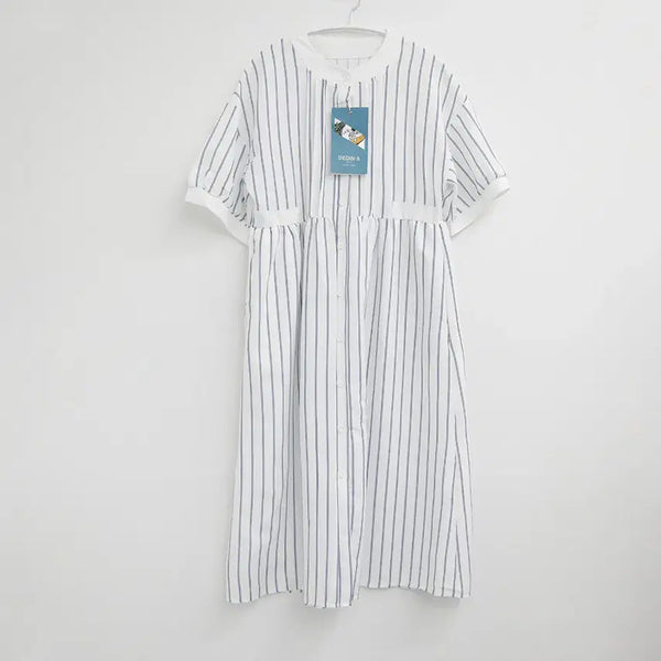 [BUNJANG] Striped Oversized White Short Sleeve Long Dress / 스트라이프 줄무늬 오버핏 화이트 반팔 롱 원피스