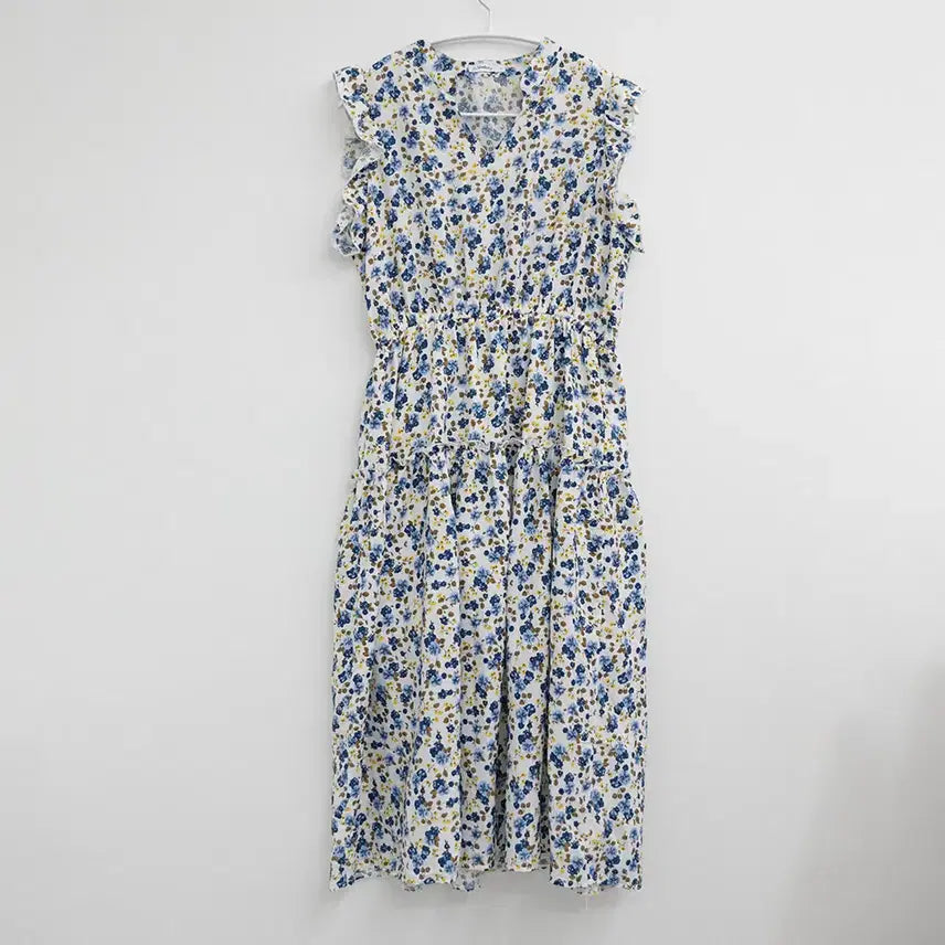 [BUNJANG] Flower Pattern Sleeveless Frill Long Dress / 플라워 패턴 민소매 프릴 라인 롱 원피스