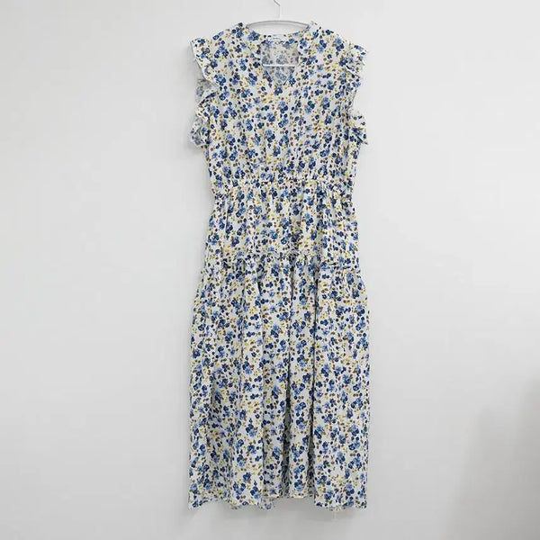 [BUNJANG] Flower Pattern Sleeveless Frill Long Dress / 플라워 패턴 민소매 프릴 라인 롱 원피스