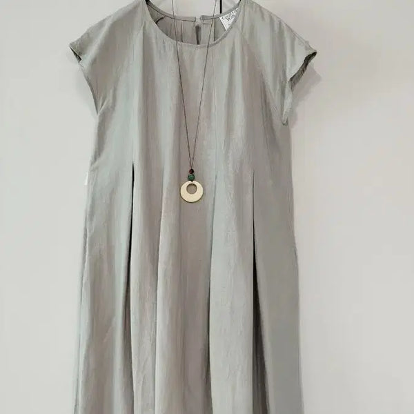 [BUNJANG] Light Grey Linen Blend Cap Sleeve A-Line Dress / 연그레이 린넨 혼방 쿨 원단 캡소매 주름 폭 넓은 A라인핏 원피스