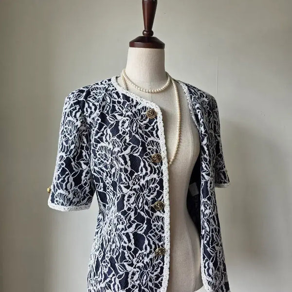 [BUNJANG] Navy White Lace Taping Short Sleeve Jacket / 네이비 화이트 레이스 테이핑 반팔 자켓
