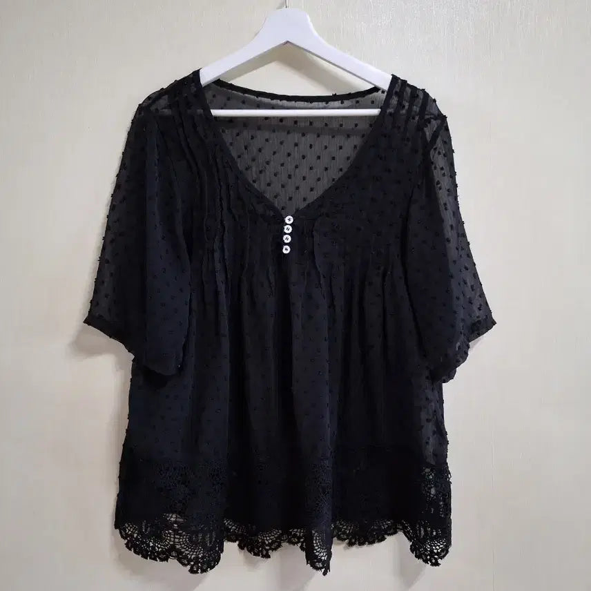 [BUNJANG] Dot See-through Lace Short Sleeve Blouse / 도트 시스루 레이스 반팔 블라우스