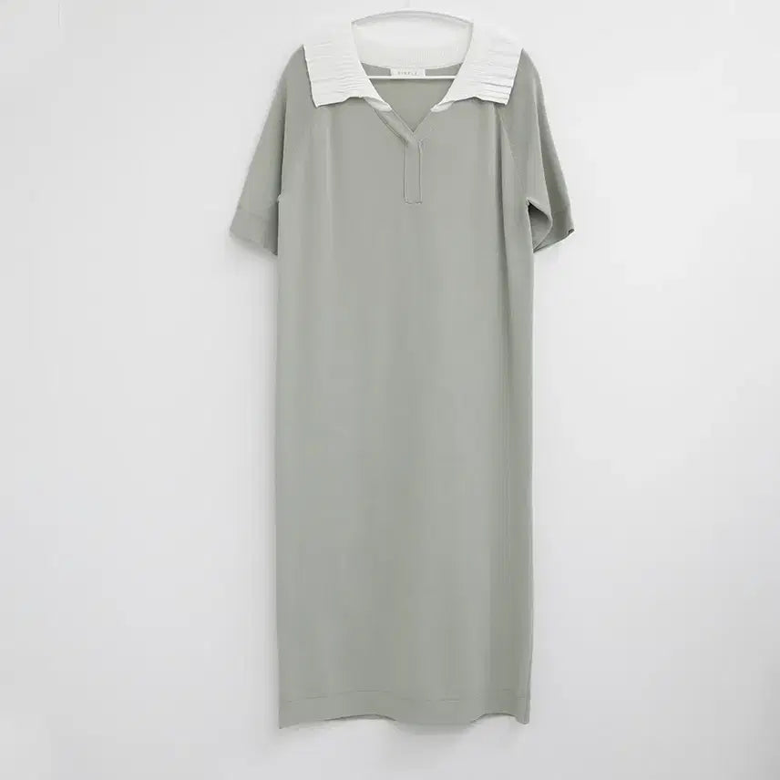 [BUNJANG] Simply Sailor Green Collar Knit Short Sleeve Long Dress / 심플리 세일러 그린 카라 니트 반팔 롱 원피스