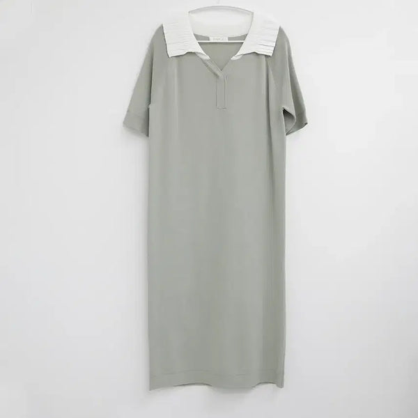 [BUNJANG] Simply Sailor Green Collar Knit Short Sleeve Long Dress / 심플리 세일러 그린 카라 니트 반팔 롱 원피스