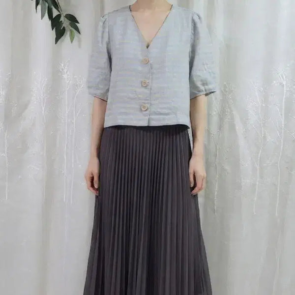 [BUNJANG] Linen Blouse and Pleated Skirt Set / 린넨 브라우스와 주름스커트