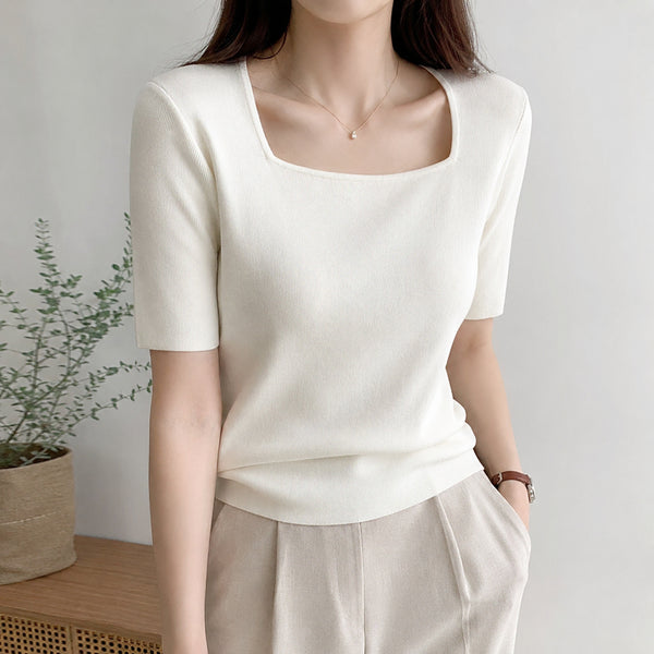 [BUNJANG] The Edge Square Neck Short Sleeve Knit Top / [85]더엣지 스퀘어넥 반팔 니트