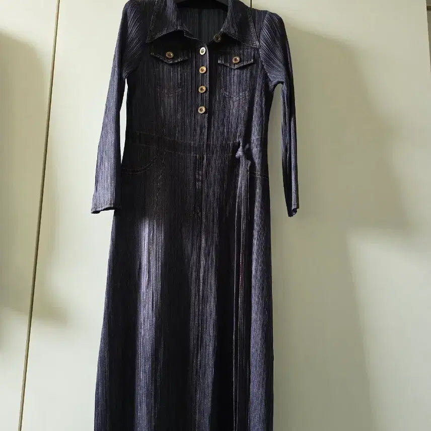 [BUNJANG] Denim Pleated Long Dress - Black / 청플리츠 롱 원피스=블랙.