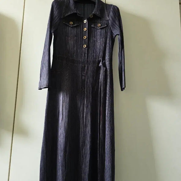 [BUNJANG] Denim Pleated Long Dress - Black / 청플리츠 롱 원피스=블랙.