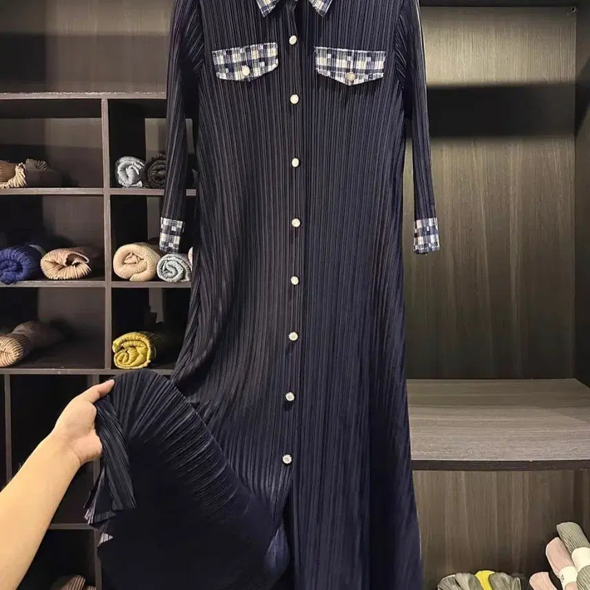 [BUNJANG] Pleated Shirt Dress Navy Check / 플리츠.  셔츠 원피스 곤색/네이비 체크 /원피스