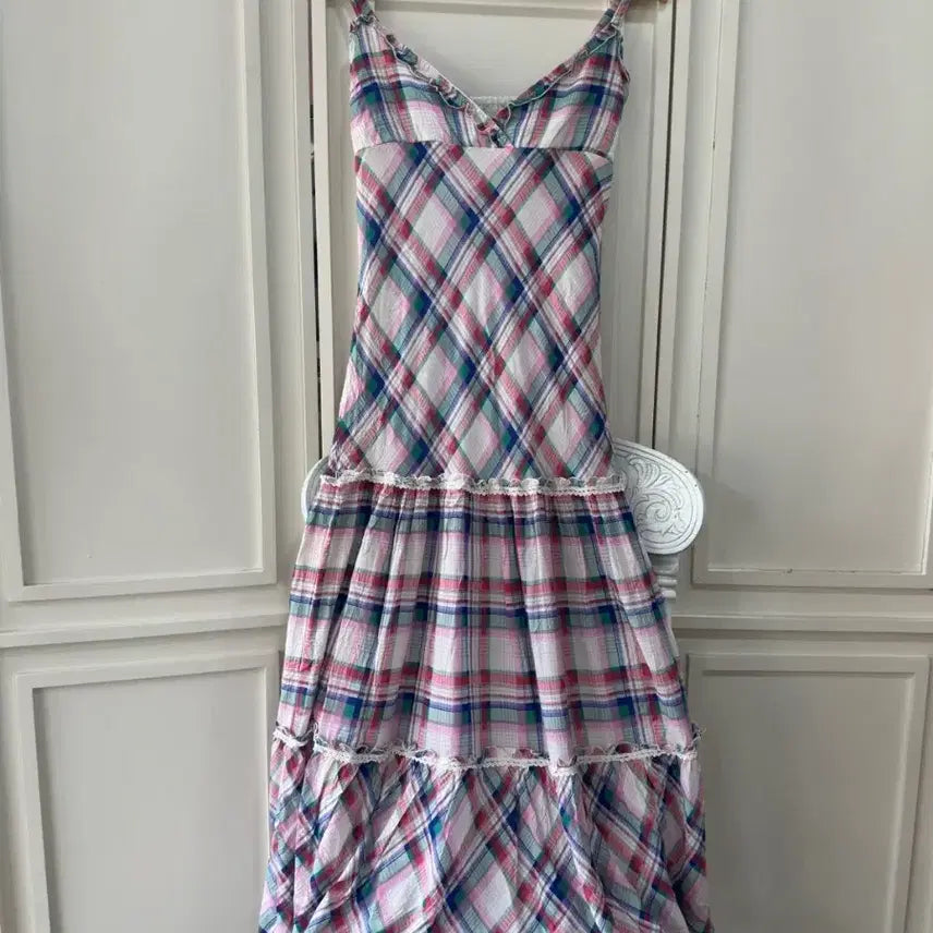 [BUNJANG] Check Lace Cami Maxi Dress / 체크 레이스 캐미 맥시 원피스