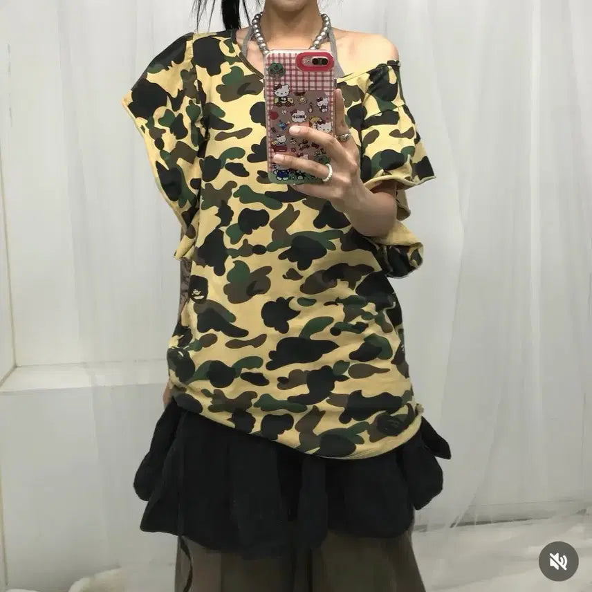 [BUNJANG] BAPE Yellow Camo Short Sleeve Frill T-Shirt / 베이프 황계카모 반팔프릴티셔츠