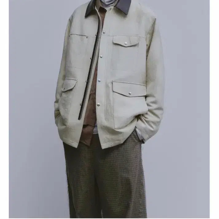 [BUNJANG] Youth Lab Leather Collar Hunting Jacket Light Beige / 유스 레더 카라 헌팅 자켓 라이트 베이지 L
