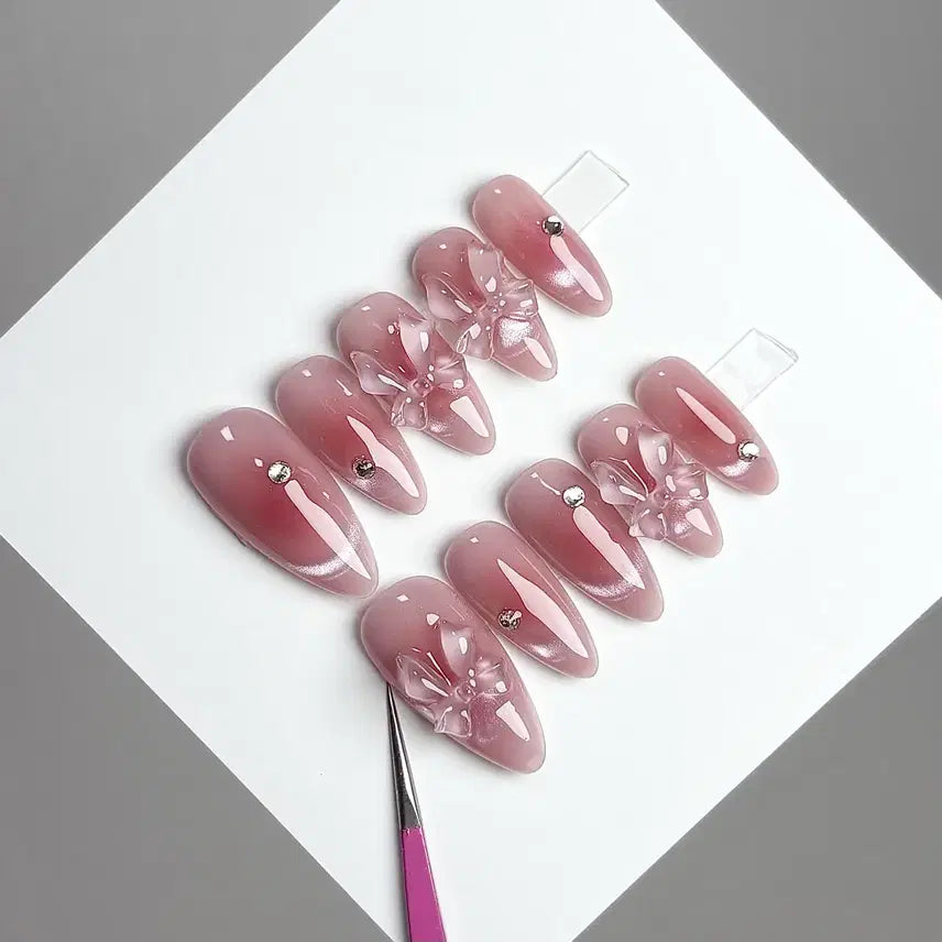 [BUNJANG] Handmade Nail Tips with Ribbon Charm / 리본치크자석 수제네일팁