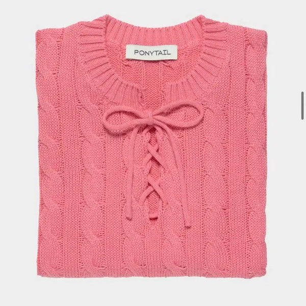 [BUNJANG] Ponytail Ivy Cable Ribbon Knit Top / 포니테일 반팔 니트(정가 135,000원)