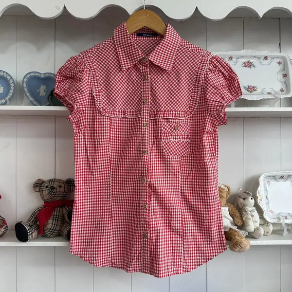 [BUNJANG] Miraville Red Gingham Puff Frill Short Sleeve Blouse / 레드 깅엄체크 퍼프 프릴 반팔 블라우스