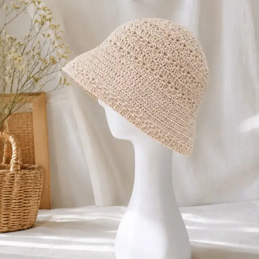 [BUNJANG] Handmade Knitted Cotton Bucket Hat (Light Beige) / 핸드메이드 뜨개 모자 내추럴 코튼 버킷햇  (연베이지)