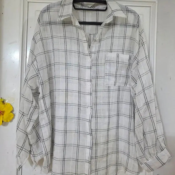 [BUNJANG] Thin Cotton Checkered Long-Sleeve Shirt / 여름 시원한 고급스러운 핏이이쁜  얊은면남방셔츠  새상품